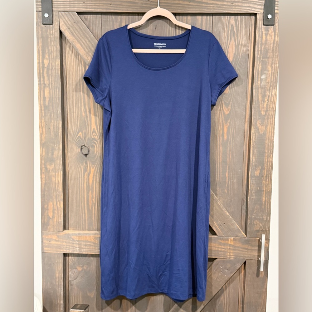 TRAVELSMITH Women's Blue Midi Dress Minimalist Stretchy Size Large